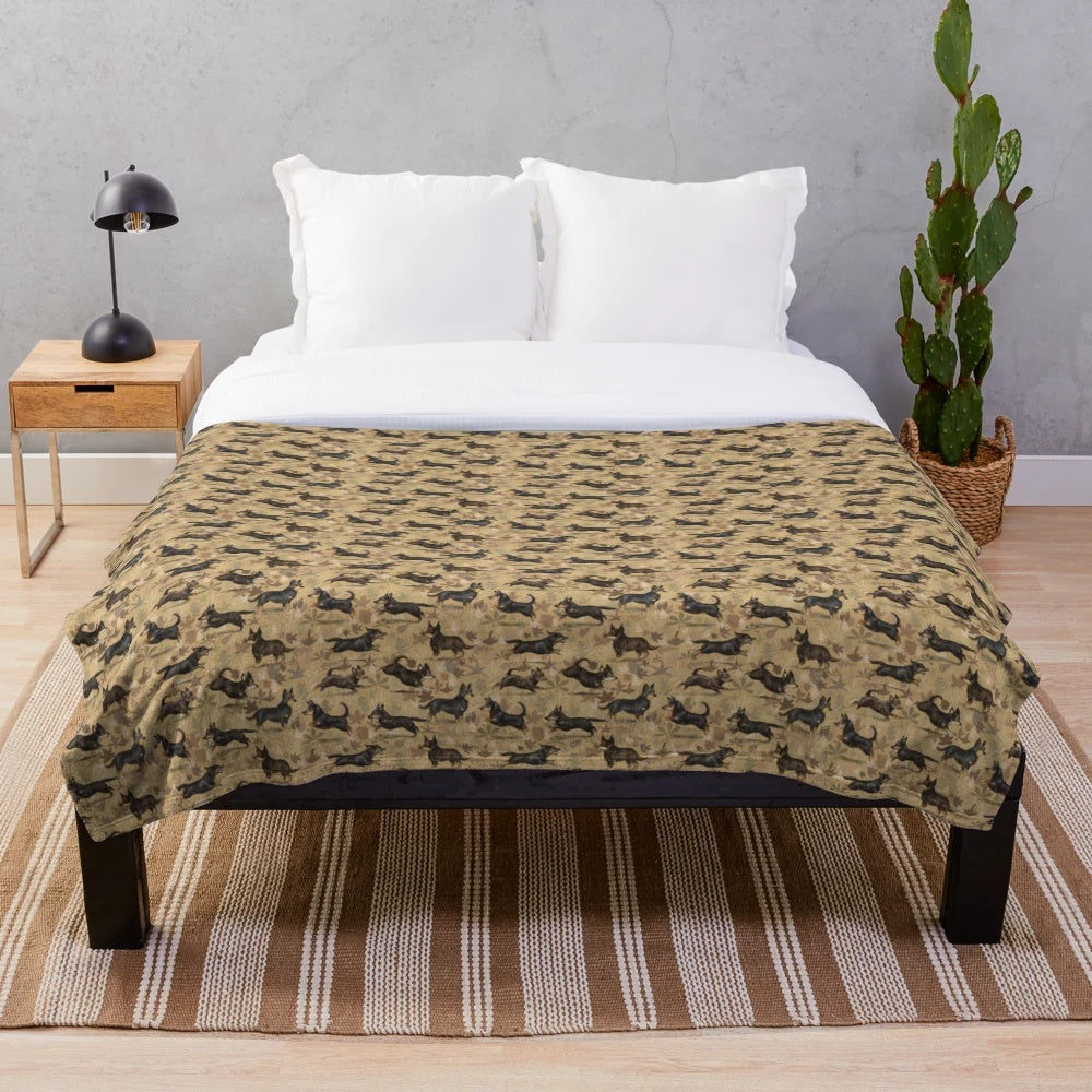 Autumn-themed plush blanket featuring Lancashire Heelers, a small terrier dog breed