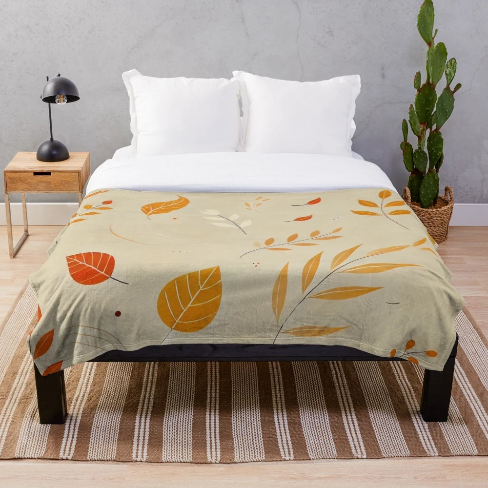 Autumn Plush Blanket with Minimalist Leaves Pattern