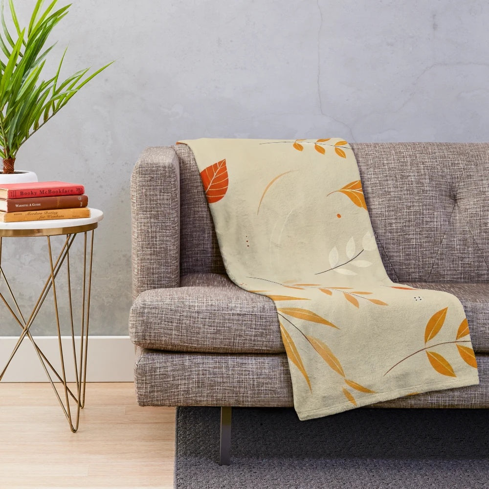 Autumn Plush Blanket with Minimalist Leaves Pattern