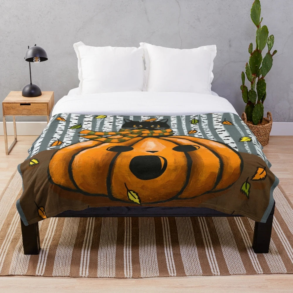Autumn plush blanket featuring a cute black cat and pumpkins