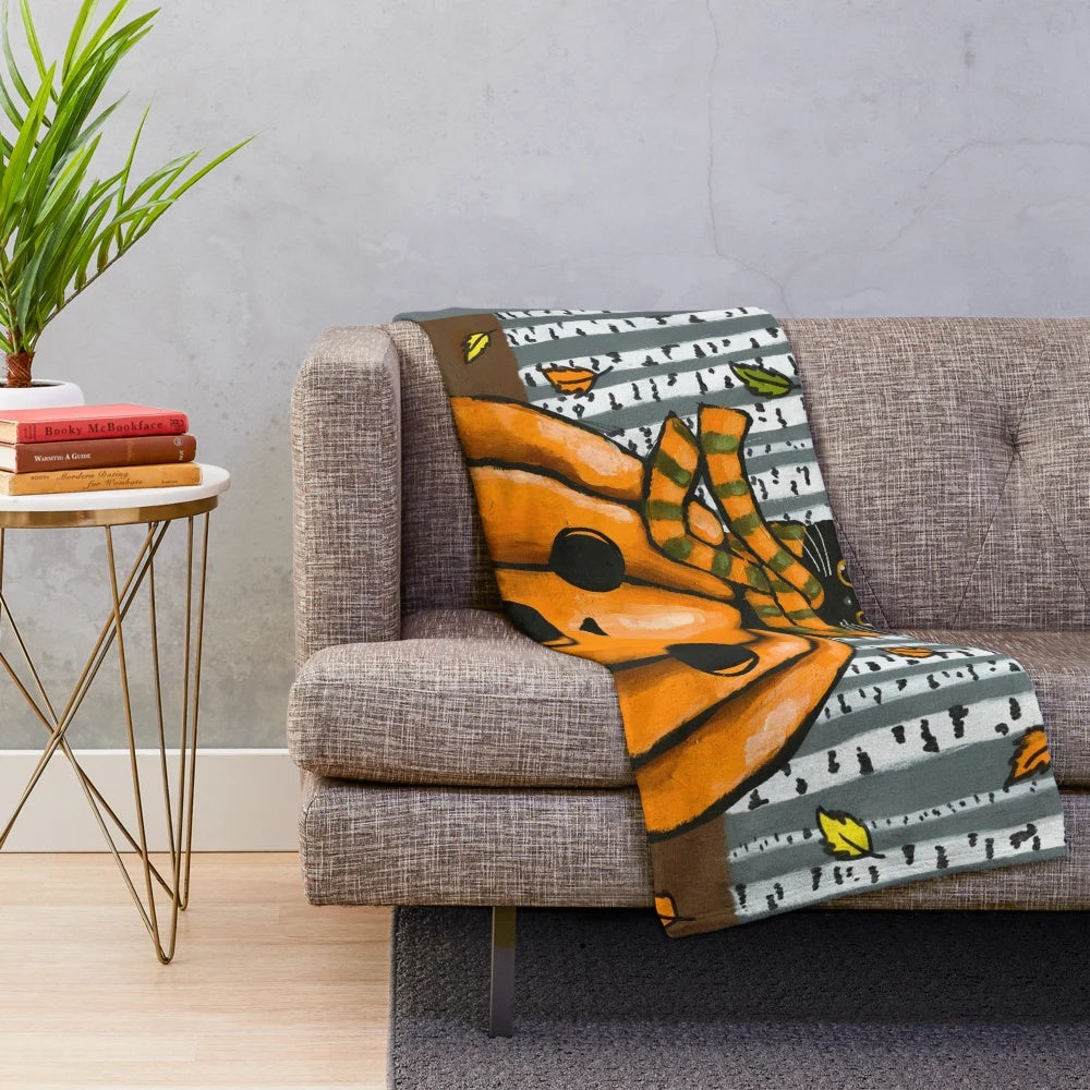 Autumn plush blanket featuring a cute black cat and pumpkins