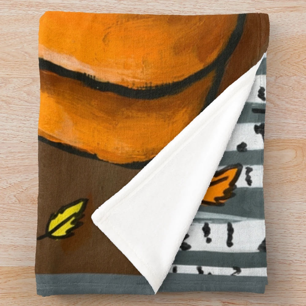 Autumn plush blanket featuring a cute black cat and pumpkins