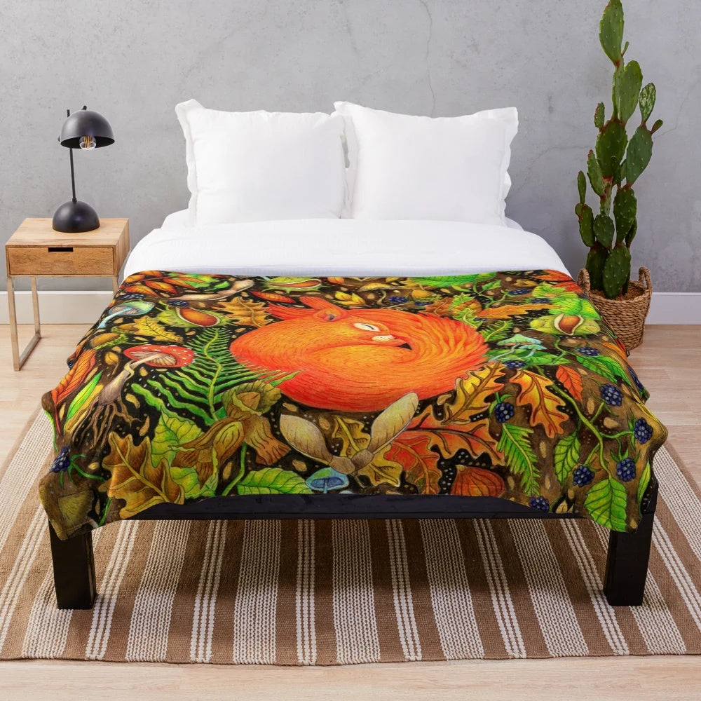 Autumn Plush Blanket with Squirrels, Leaves, and Blackberries