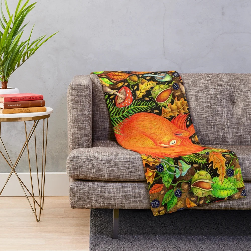 Autumn Plush Blanket with Squirrels, Leaves, and Blackberries