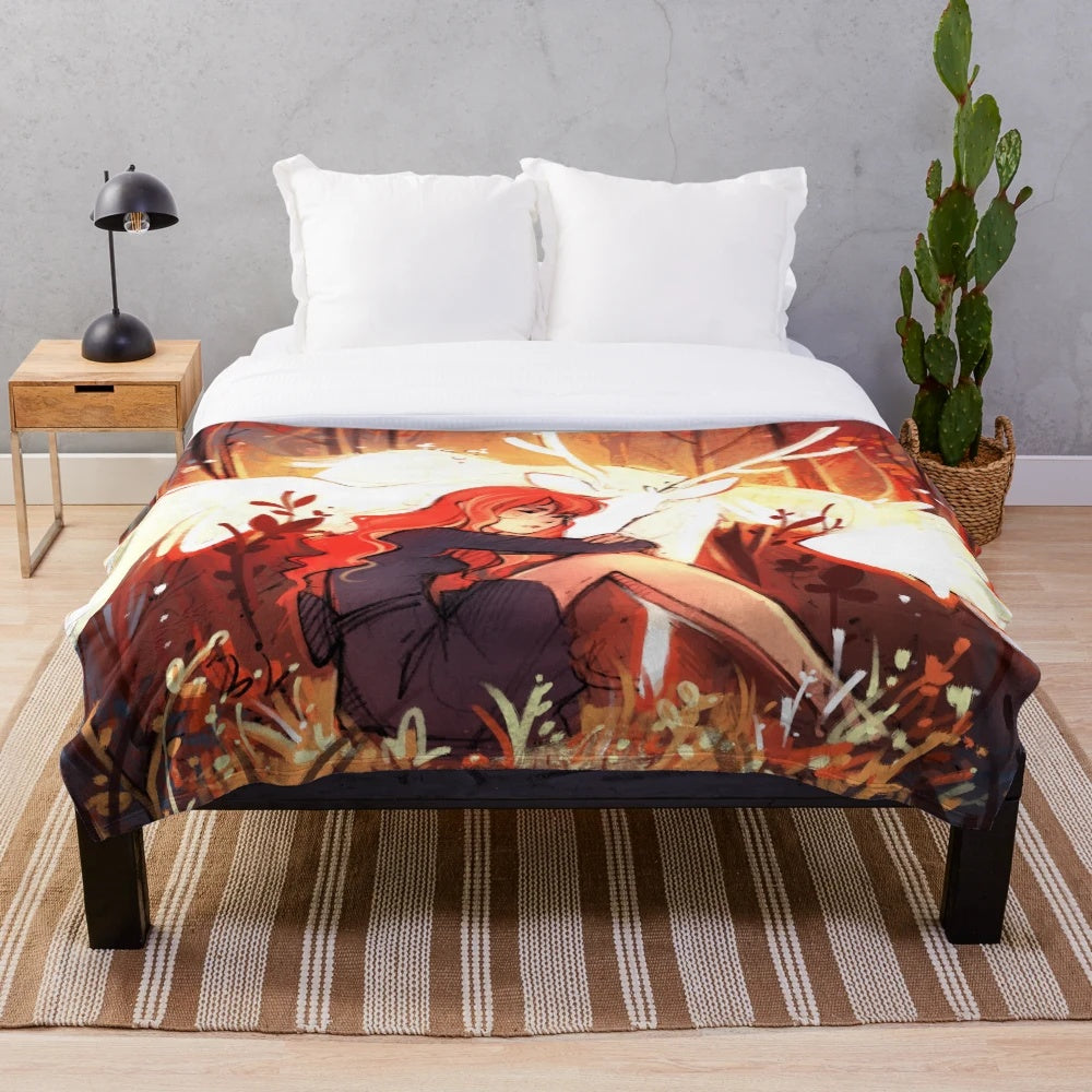Plush blanket featuring a deer illustration in autumnal colors
