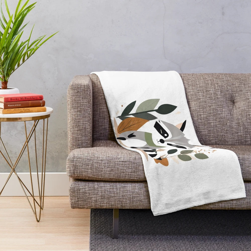 Autumnal Plush Blanket with Adorable Raccoon and Fall Foliage Design