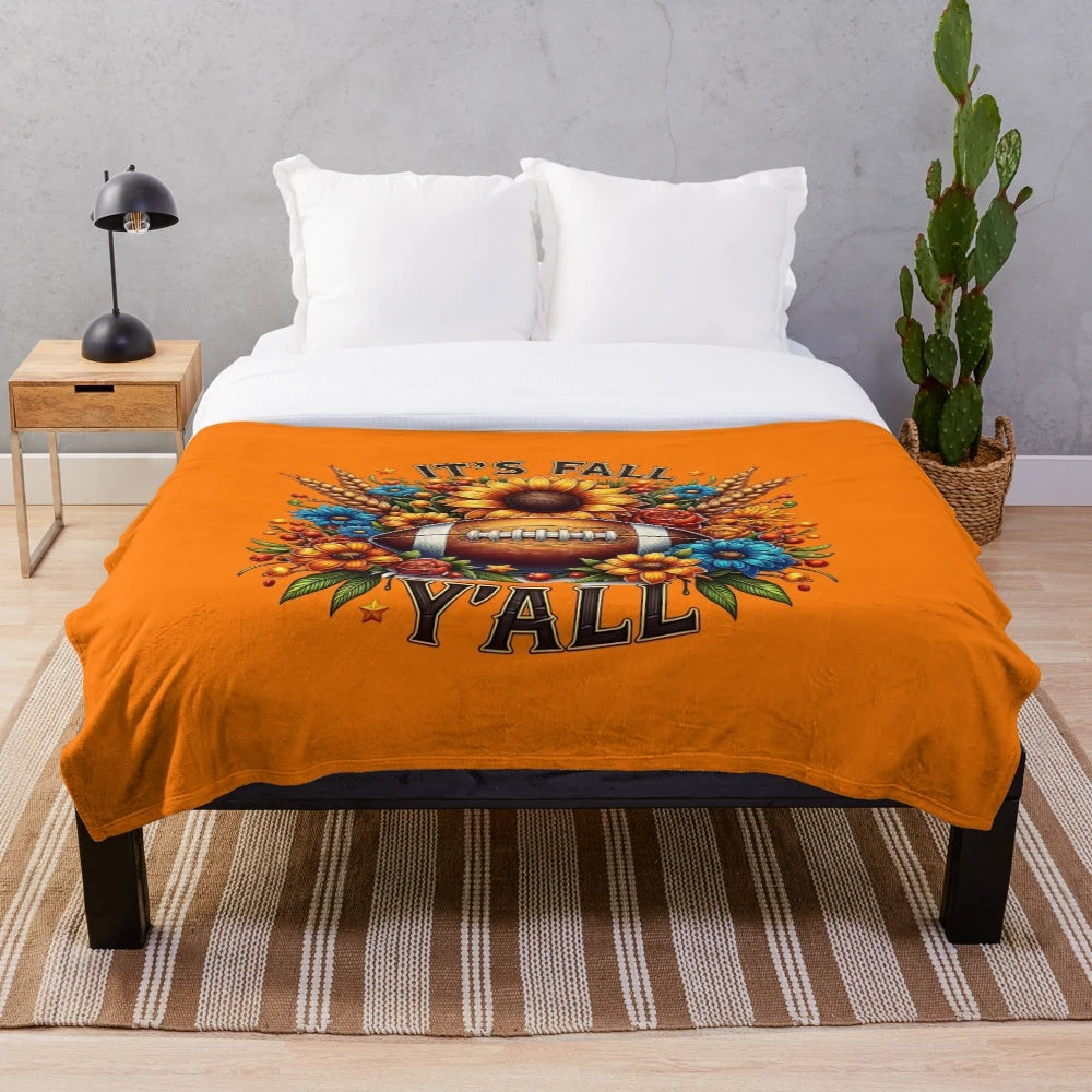Plush autumn blanket with sunflowers and football patterns