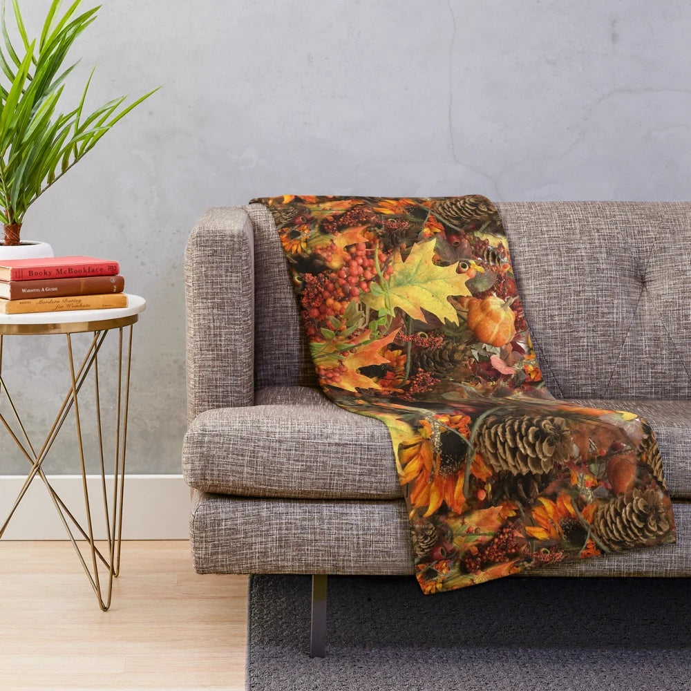 Autumn plush blanket with fall leaves and pine cones