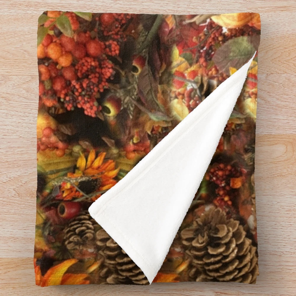 Autumn plush blanket with fall leaves and pine cones