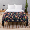 Cozy autumn plush blanket with mushroom and fern designs