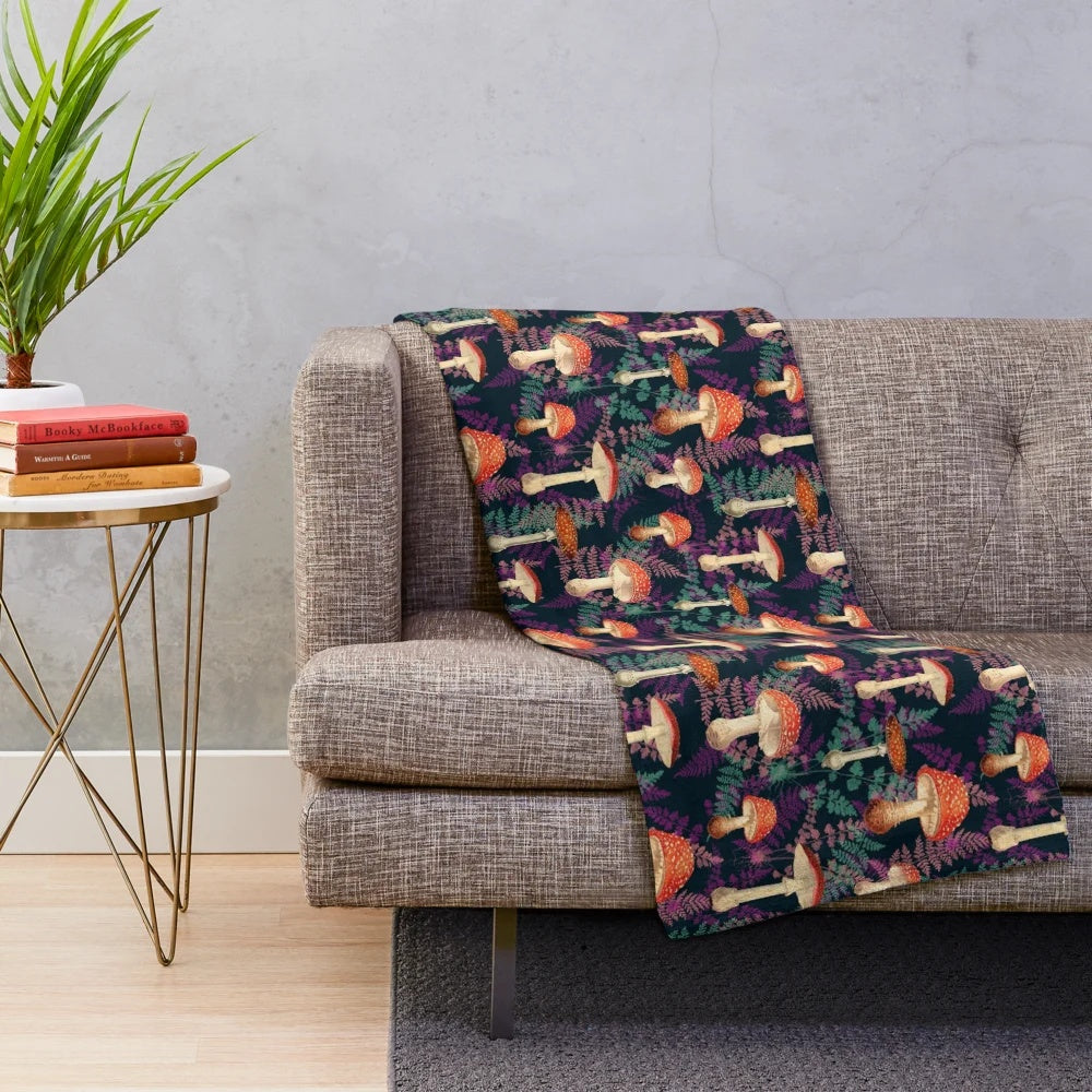 Cozy autumn plush blanket with mushroom and fern designs