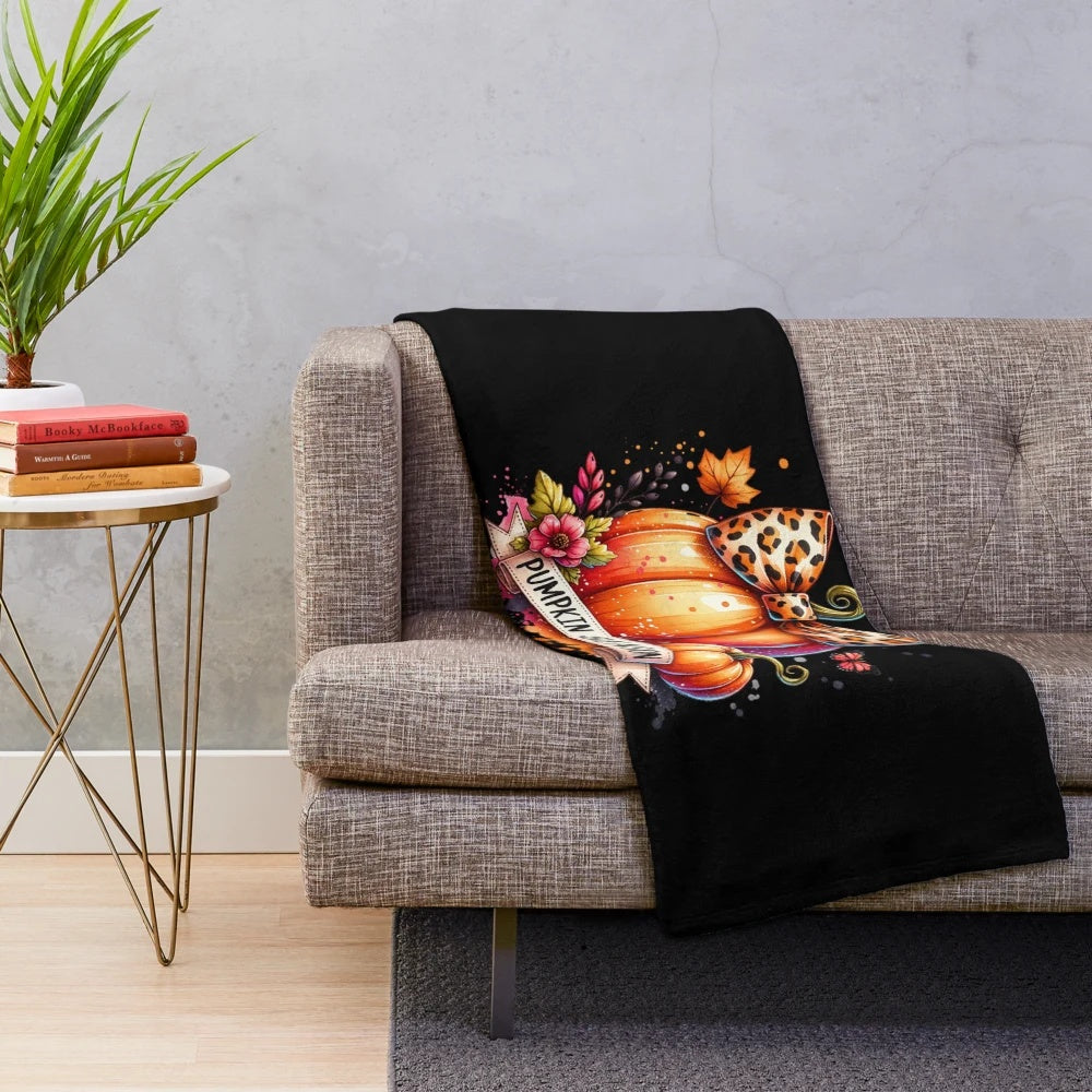 Autumn plush blanket with watercolor pumpkin design