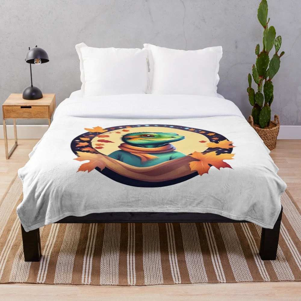 Cozy fall plush blanket with cute lizard illustration