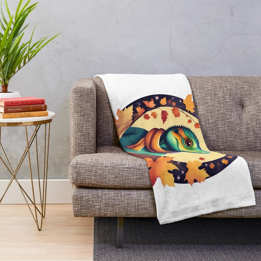 Cozy fall plush blanket with cute lizard illustration