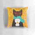 A cozy autumn-themed pillow featuring a cat wearing glasses and holding a pumpkin spice latte