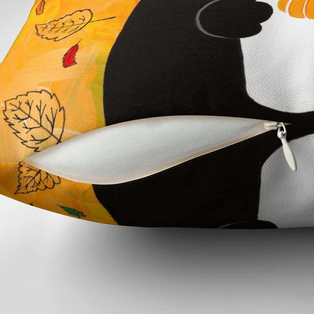 A cozy autumn-themed pillow featuring a cat wearing glasses and holding a pumpkin spice latte