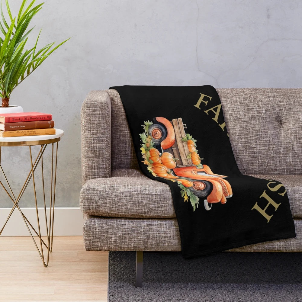 Watercolor pumpkins and vintage farmhouse-style plush blanket