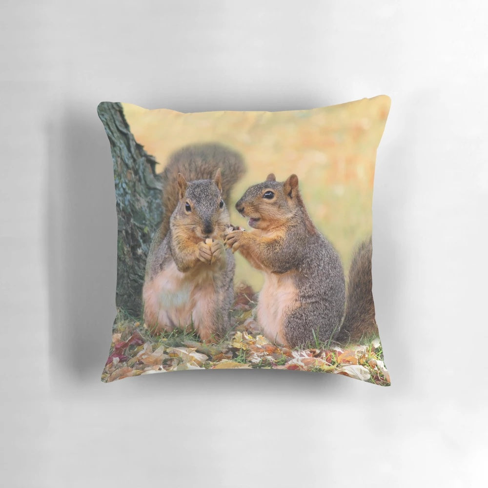 Soft, plush pillow featuring a charming illustration of a fox squirrel in an autumnal setting.