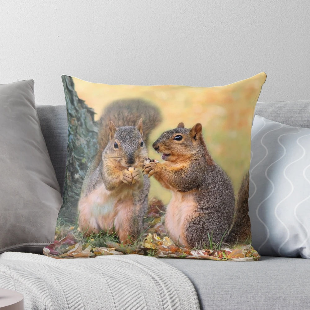Soft, plush pillow featuring a charming illustration of a fox squirrel in an autumnal setting.