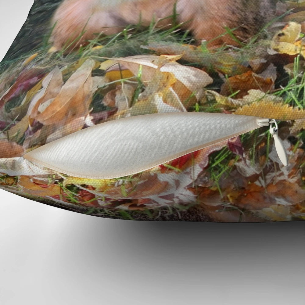 Soft, plush pillow featuring a charming illustration of a fox squirrel in an autumnal setting.