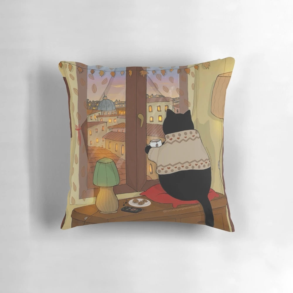 A cozy pillow featuring Stanis the cat sitting by a window and enjoying a cup of tea.