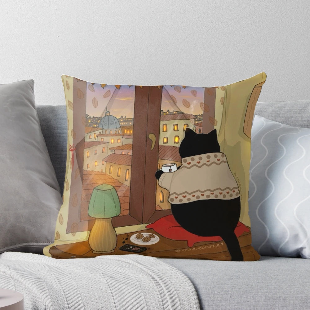 A cozy pillow featuring Stanis the cat sitting by a window and enjoying a cup of tea.