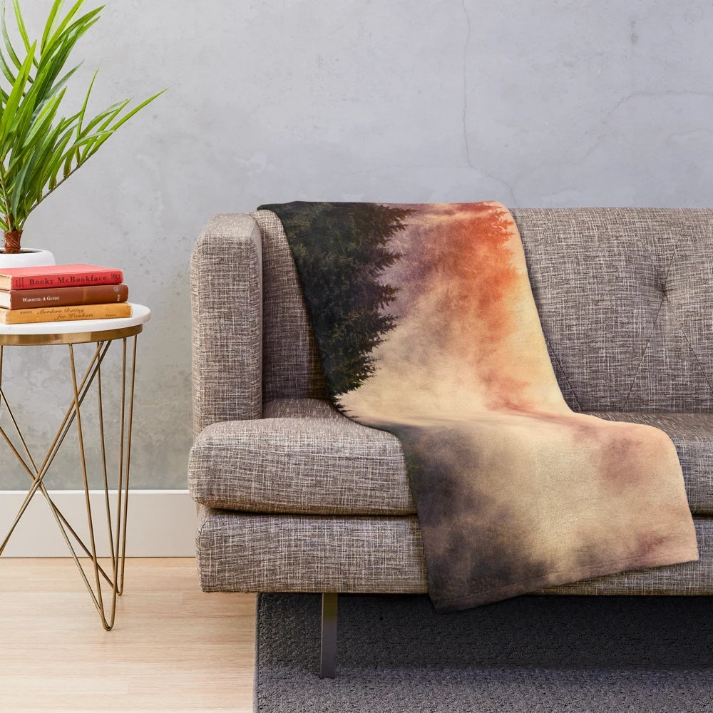 Plush blanket featuring an autumn sunrise landscape with a misty forest