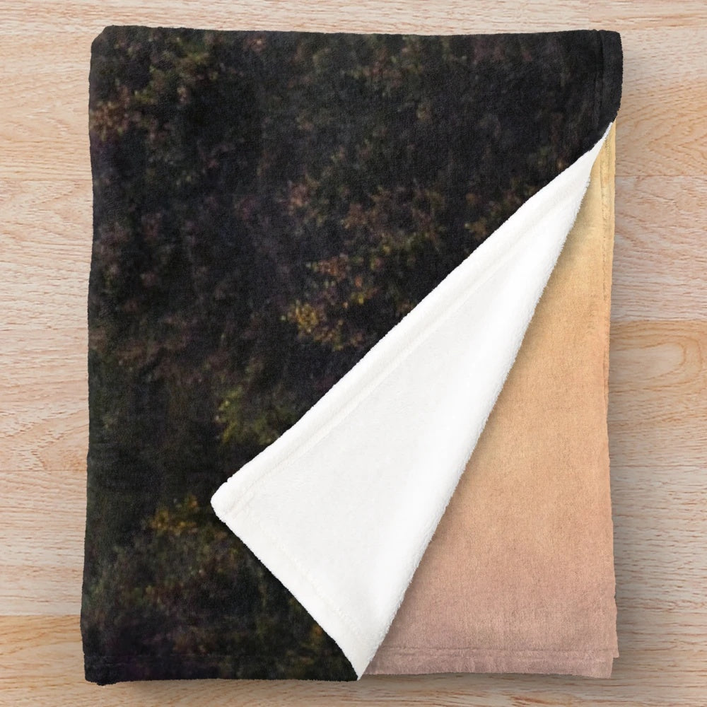 Plush blanket featuring an autumn sunrise landscape with a misty forest