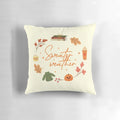Cozy knitted sweater texture pillow with pumpkin spice, autumn leaves, and hygge-inspired accents