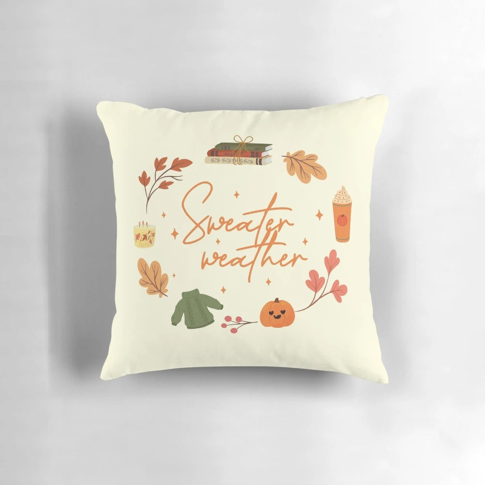 Cozy knitted sweater texture pillow with pumpkin spice, autumn leaves, and hygge-inspired accents