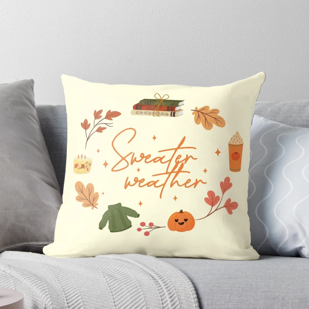 Cozy knitted sweater texture pillow with pumpkin spice, autumn leaves, and hygge-inspired accents