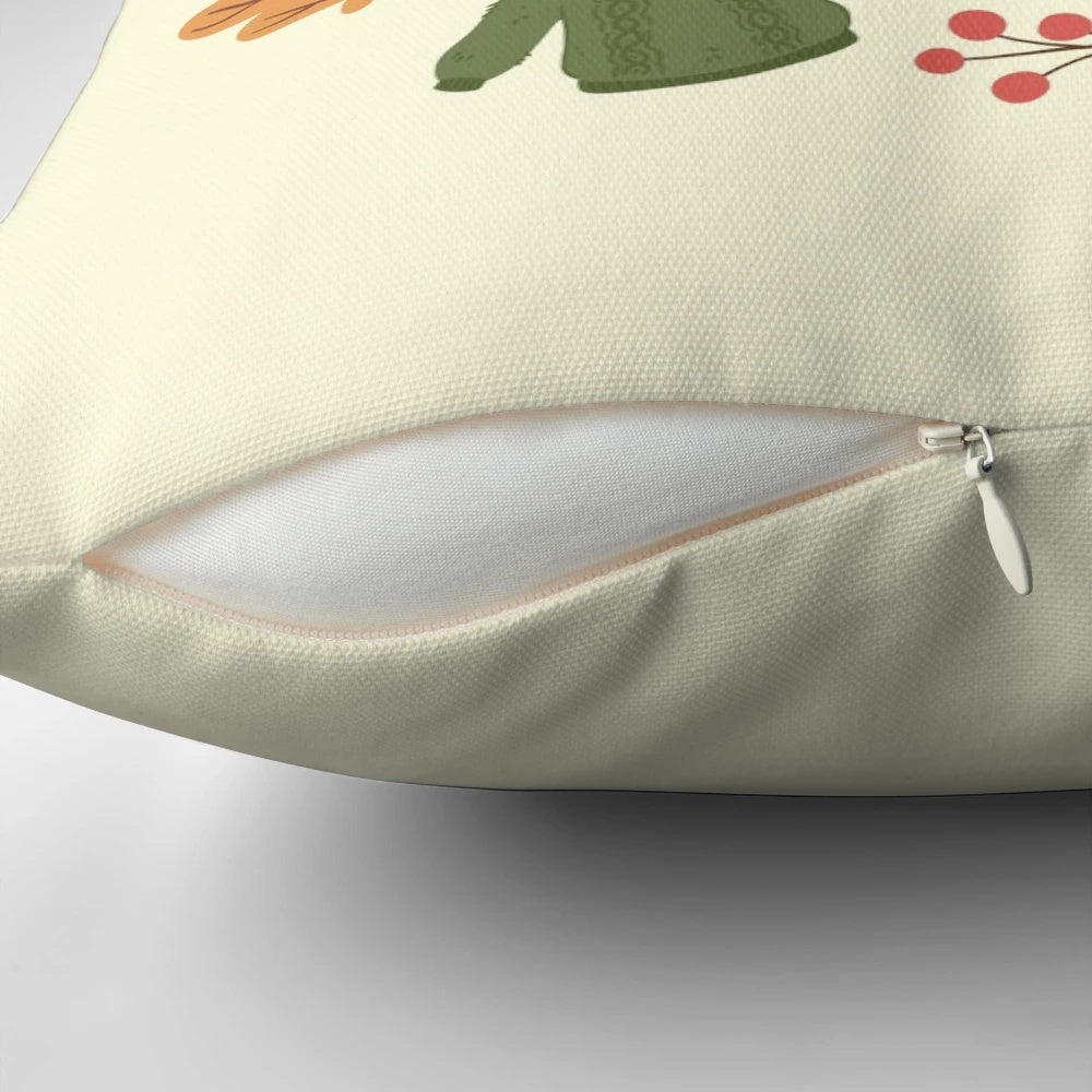 Cozy knitted sweater texture pillow with pumpkin spice, autumn leaves, and hygge-inspired accents