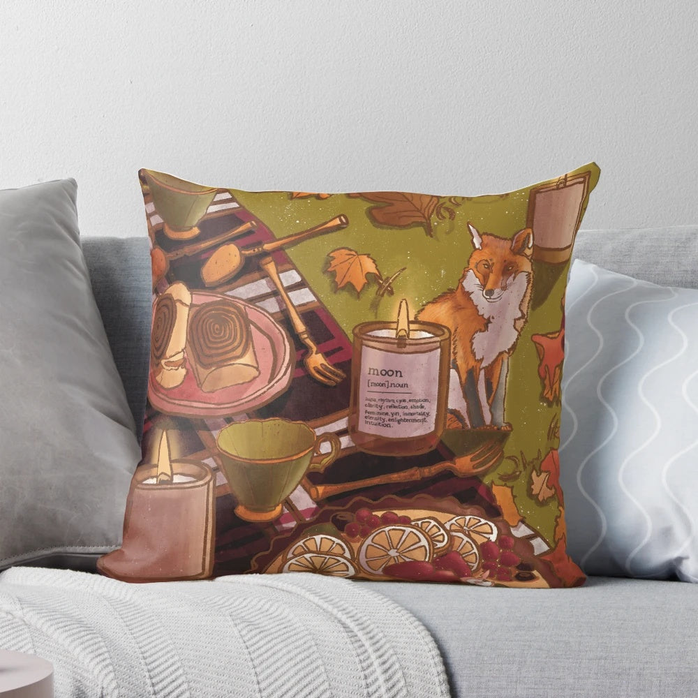 A cozy autumn-themed pillow with a whimsical fox and tea time motif, perfect for seasonal home decor.