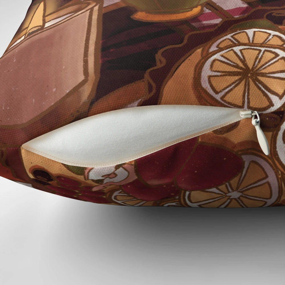 A cozy autumn-themed pillow with a whimsical fox and tea time motif, perfect for seasonal home decor.