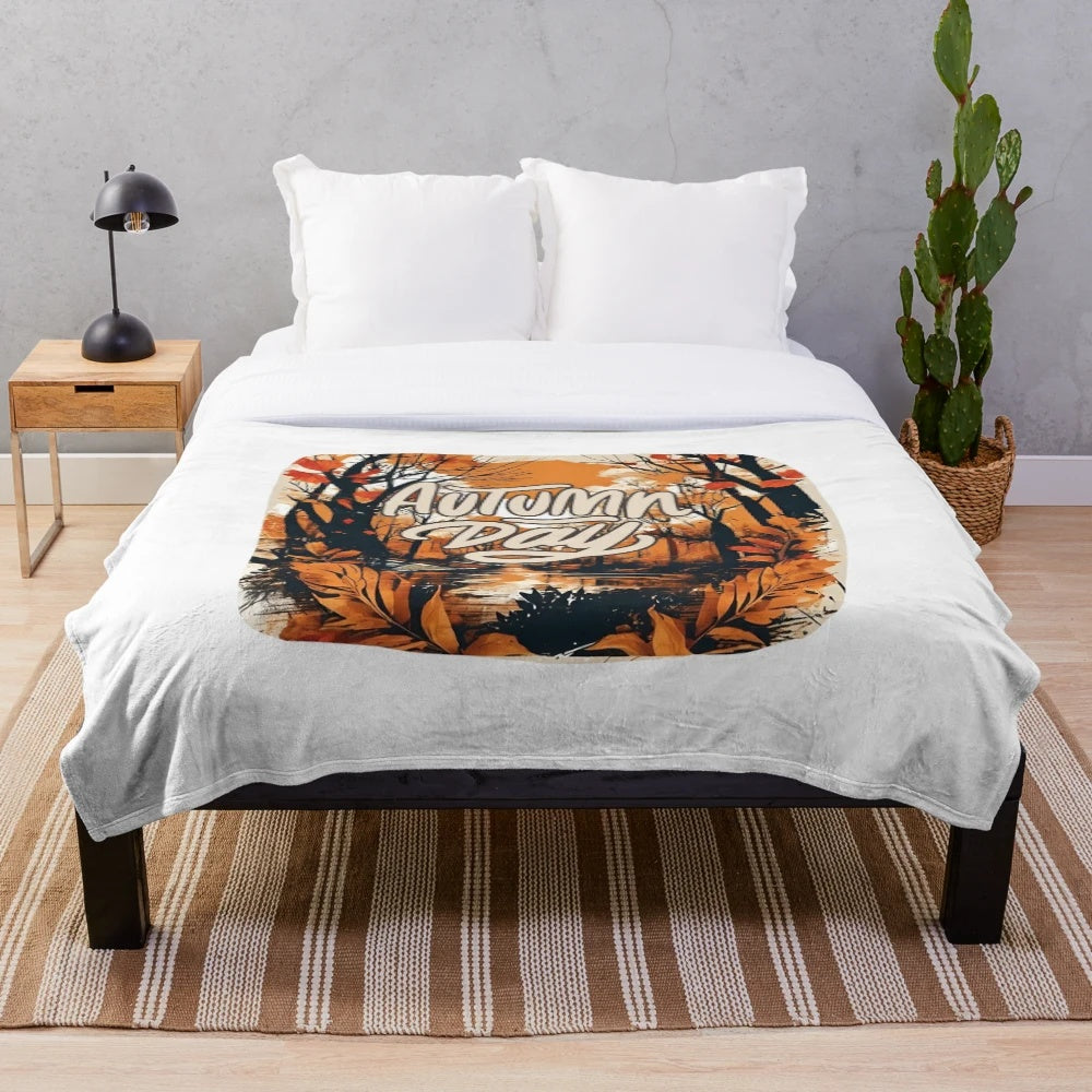 Autumn vibes street art plush blanket with fall leaves, pumpkins, and orange colors