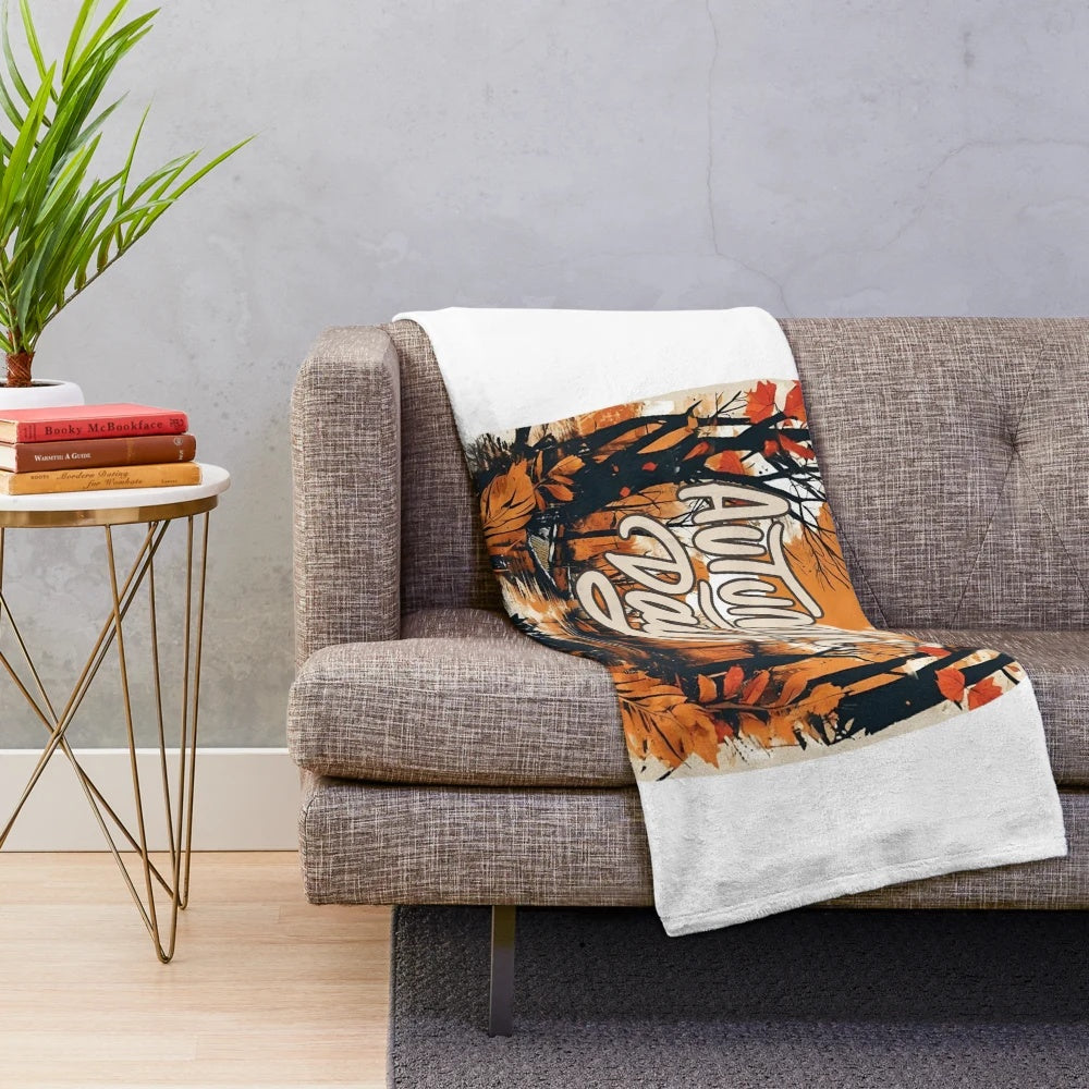 Autumn vibes street art plush blanket with fall leaves, pumpkins, and orange colors