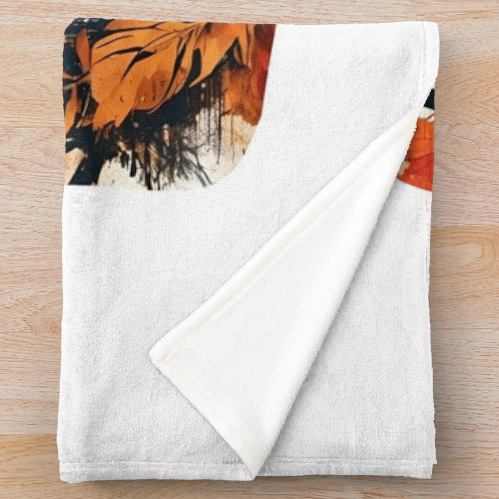 Autumn vibes street art plush blanket with fall leaves, pumpkins, and orange colors