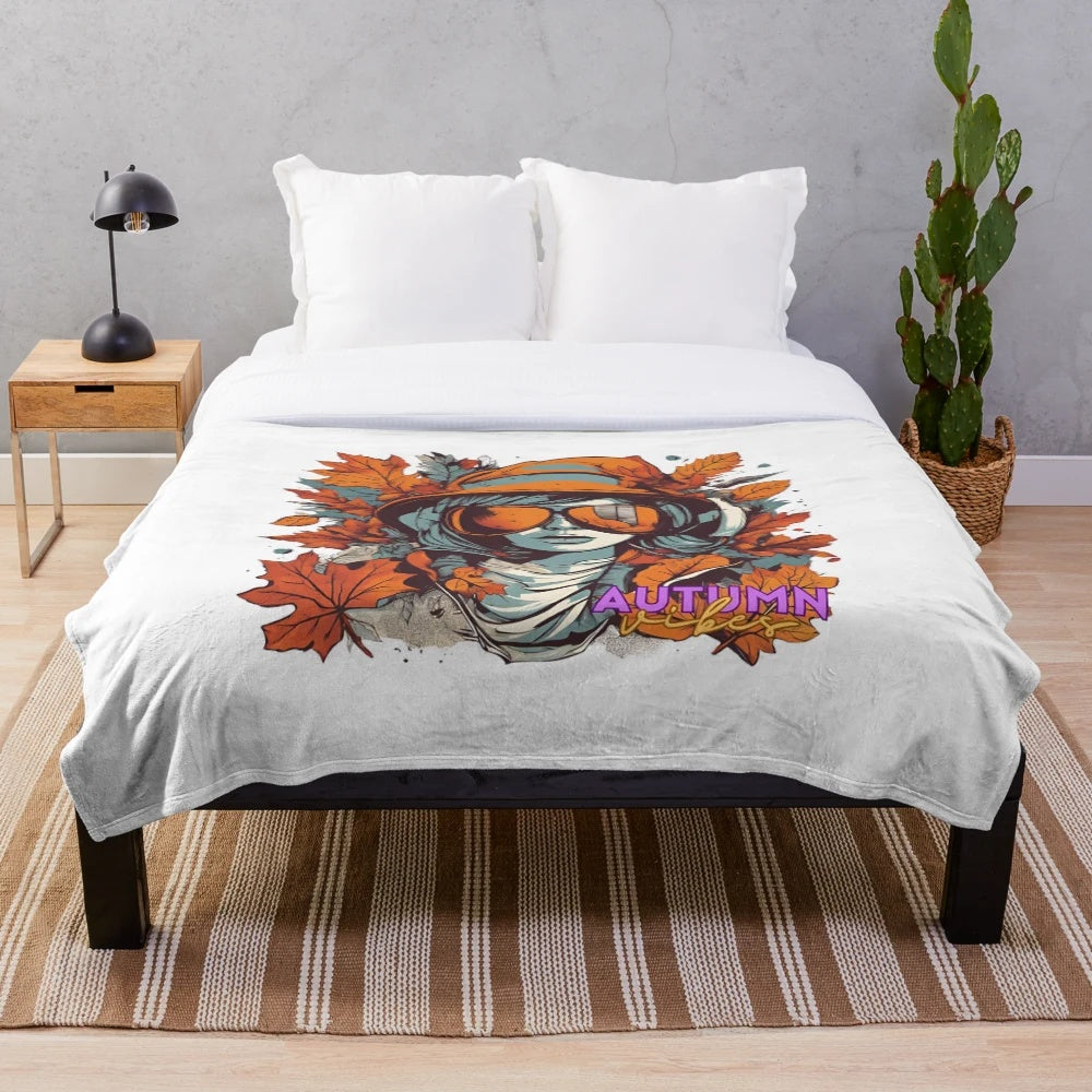 Plush autumn-themed blanket with urban fall artwork