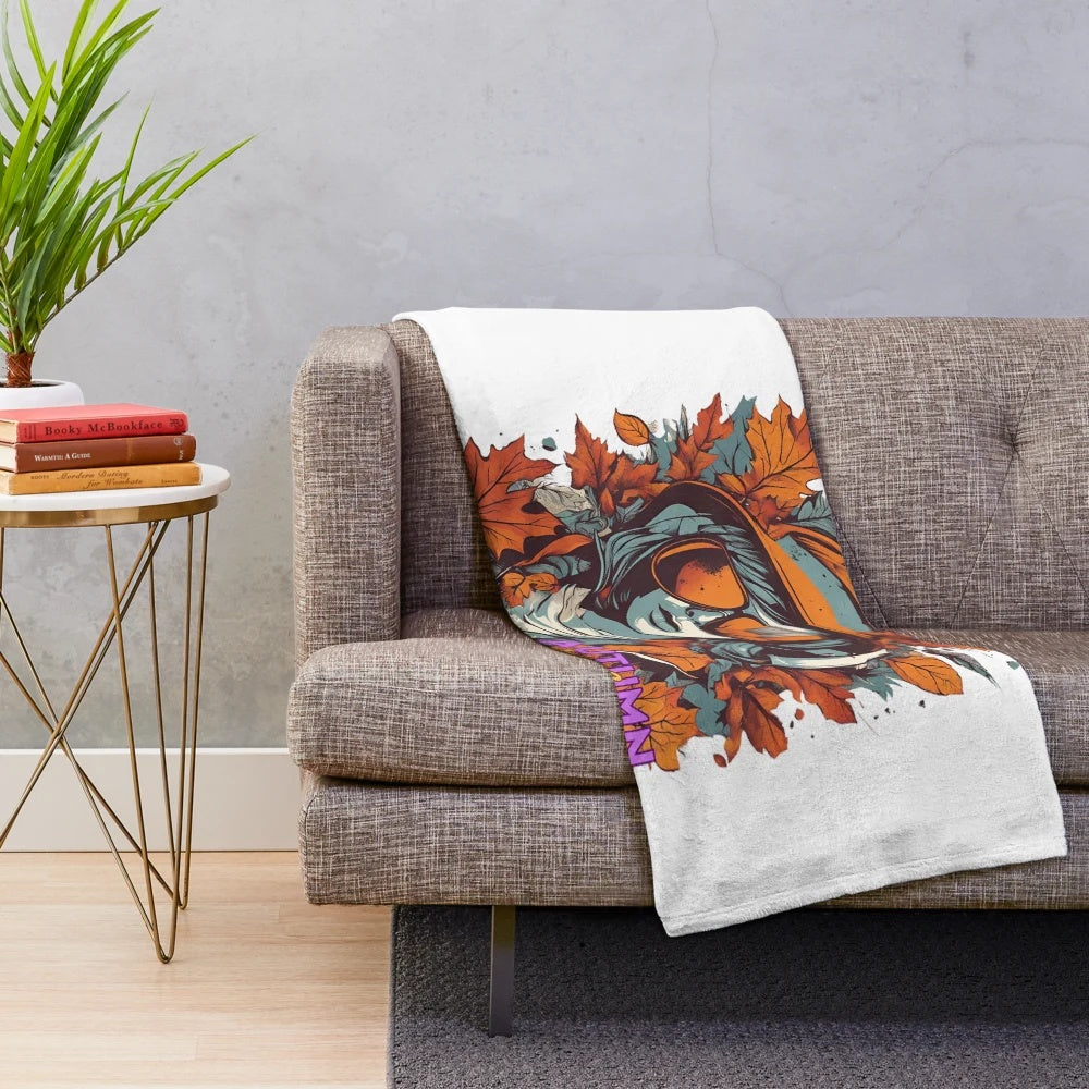 Plush autumn-themed blanket with urban fall artwork