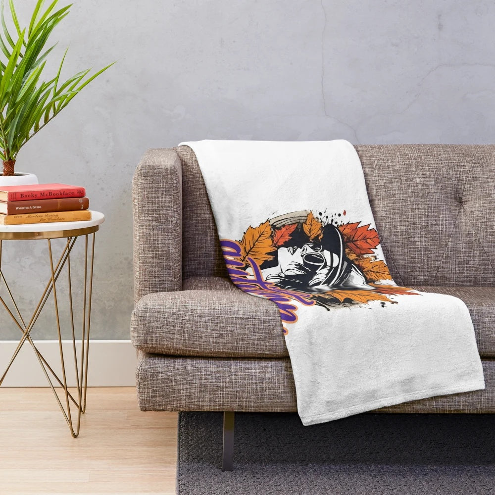Autumn-themed plush blanket with urban street art and fall aesthetic designs