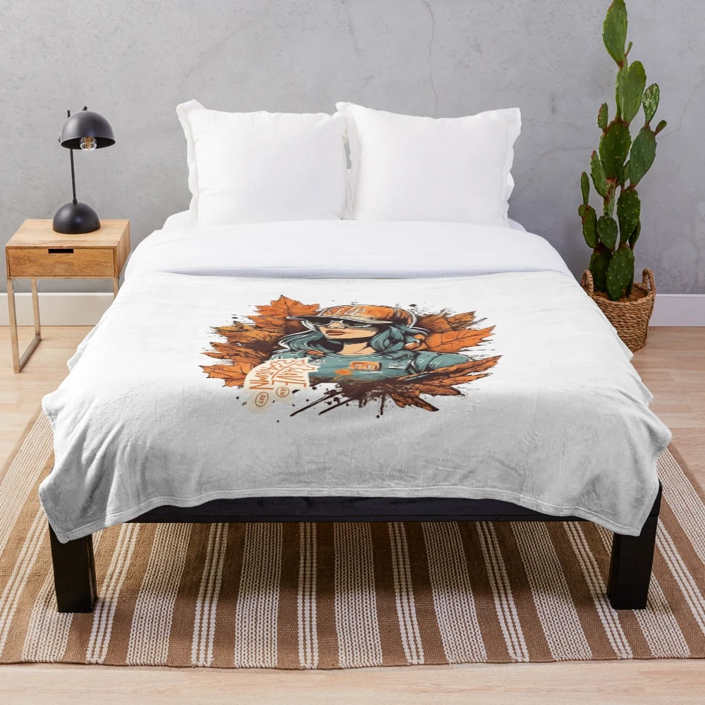 Autumn vibes plush blanket featuring urban street art and fall aesthetic