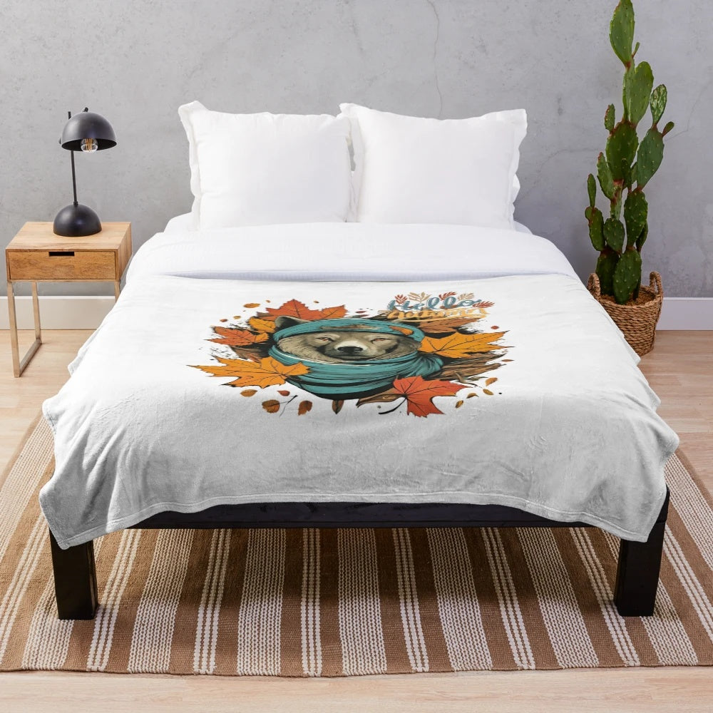 Plush blanket with autumn leaves and vibrant fall colors in an urban street art style