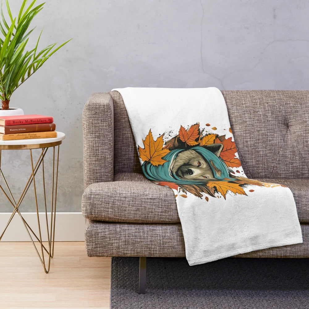 Plush blanket with autumn leaves and vibrant fall colors in an urban street art style