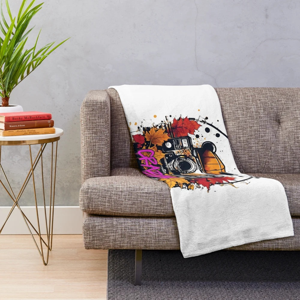Cozy autumn vibes plush blanket featuring urban street art design