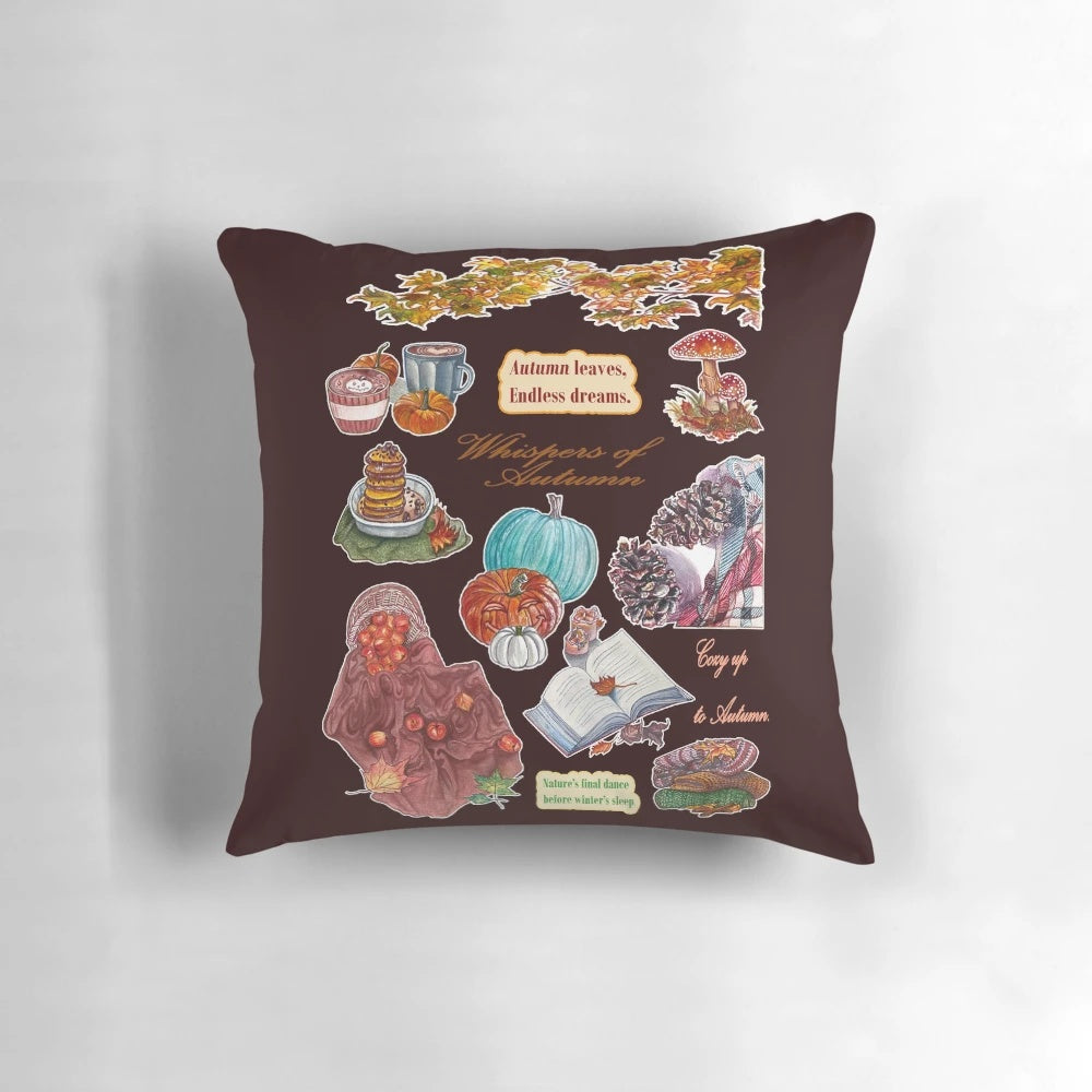 Autumnal pillow with gouache art depicting golden leaves, crimson shadows, and pumpkin spice elements