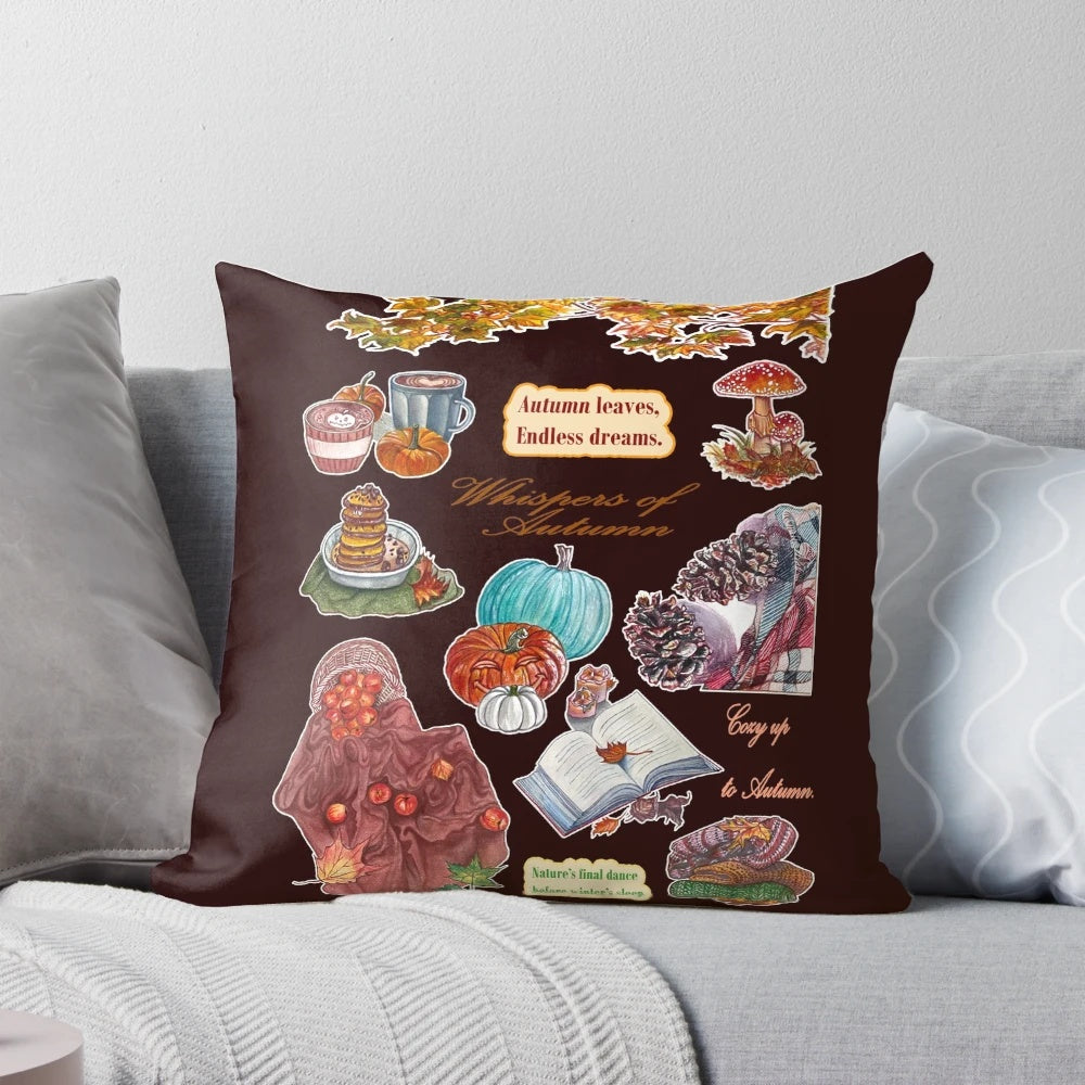 Autumnal pillow with gouache art depicting golden leaves, crimson shadows, and pumpkin spice elements