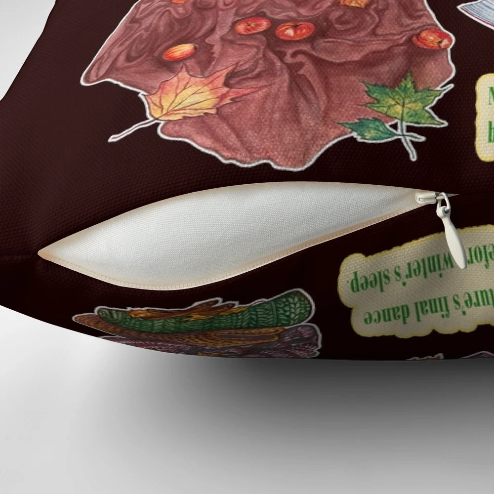 Autumnal pillow with gouache art depicting golden leaves, crimson shadows, and pumpkin spice elements
