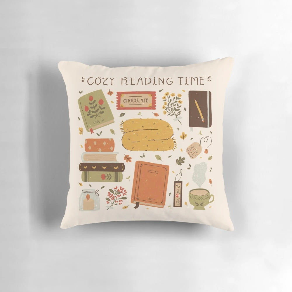 Cozy reading pillow with stacks of books and autumnal accents