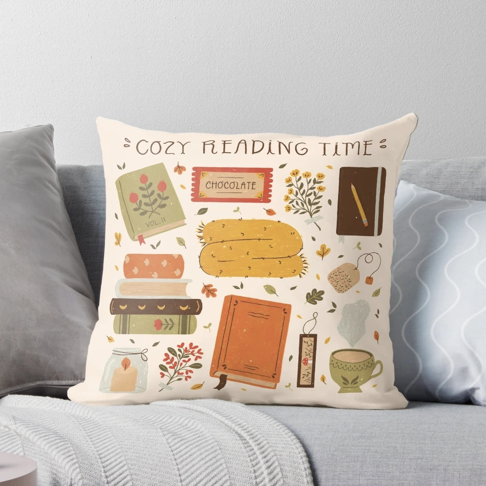 Cozy reading pillow with stacks of books and autumnal accents