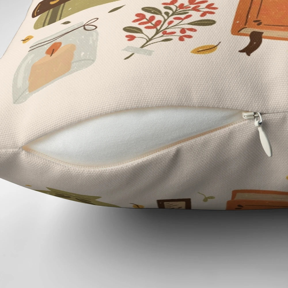 Cozy reading pillow with stacks of books and autumnal accents